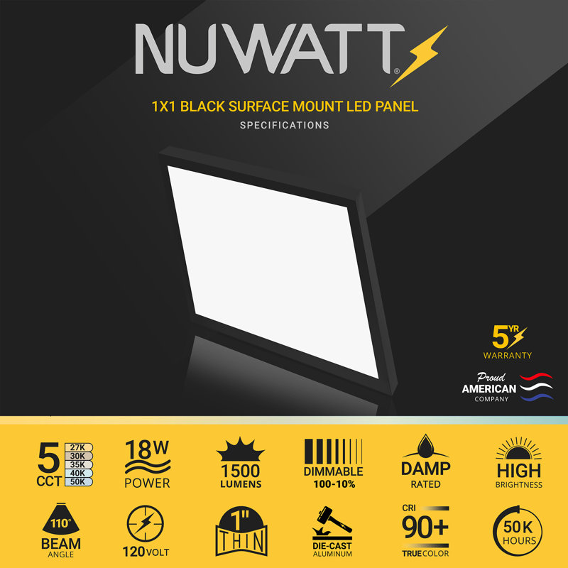 Matte Black 12" Square LED Surface Mount Panel Light, 4-Pack