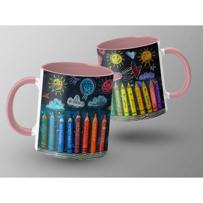 Kids Drawing Style 11oz Accent Mugs – Ceramic Coffee Cup with a Pink Handle and Interior