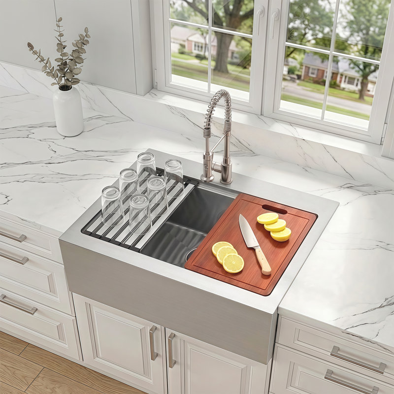 30" L x 22" W Workstation Farmhouse Apron Front Kitchen Sink 16 Gauge Stainless Steel Single Bowl With Accessories