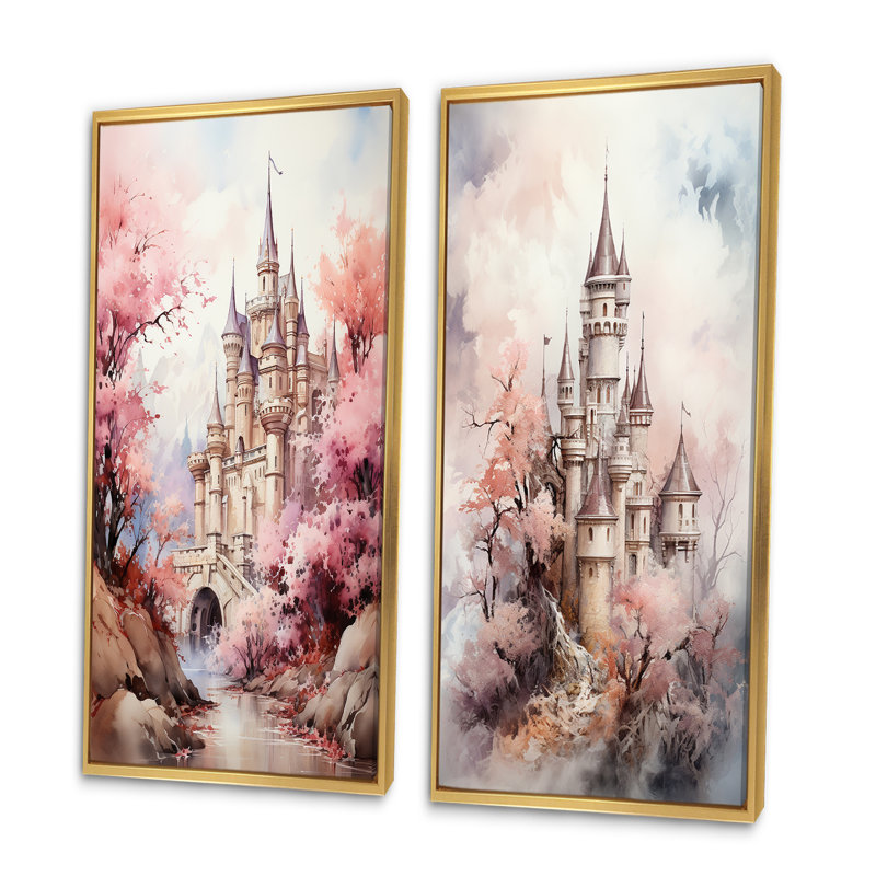 «Castles Pastel Dreams», 2 pièces sur toile, H 20 po x l 24 po, Encadrement doré