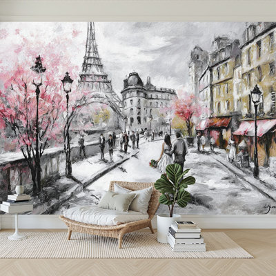 Peel and Stick Wallpaper 96" W x 69" H Modern Self Adhesive Wall Mural for Bedroom Oil Painting Street View city landscape pink trees
