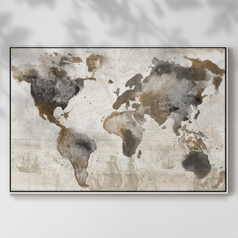 Carte antique encadrée sur toile, Blanc, H 25 po x l 37 po x P 2 po