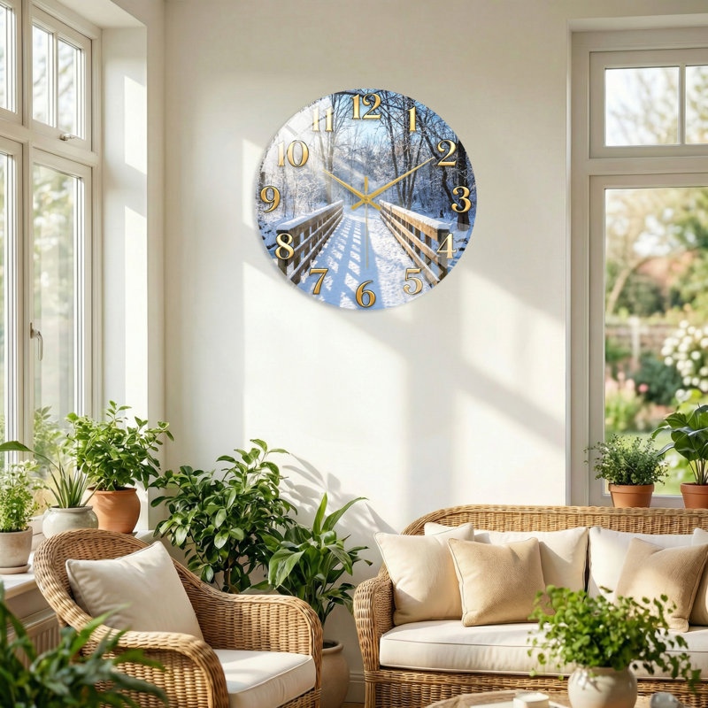 Horloge murale en verre Winter Bridge, 60 x 60 cm (23,6 x 23,6 pouces)