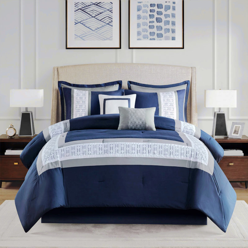 Polyester Comforter, California King Comforter + 4 Pillowcases, Navy Geometric Shapes
