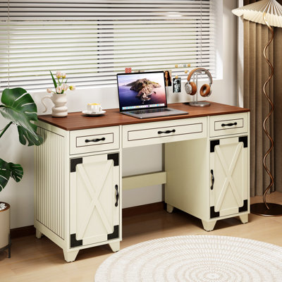 Bureau de direction 52,8 po avec trois tiroirs, deux armoires et une station de charge, bureau à domicile pour bureau à domicile, chambre à coucher