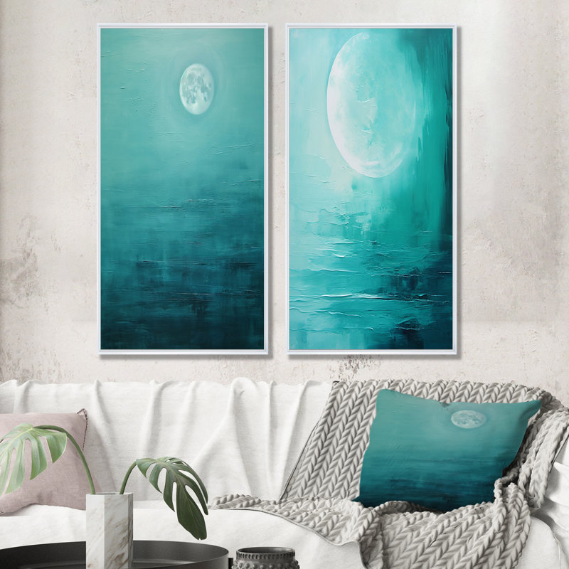 Ensemble de salon mural bleu sarcelle Tranquility Moon - Moon, Cadre blanc, H 28 po x l 25 po