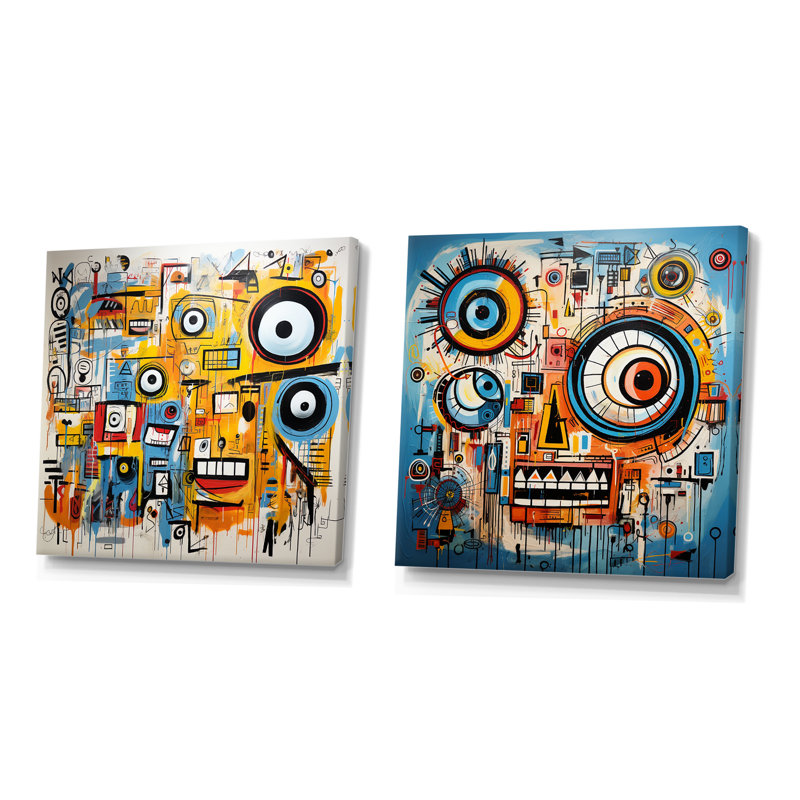 «Yellow and Blue Graffiti Art Eyes Chaos I», ensemble de 2 reproductions d'art abstrait sur collage, Toile tendue