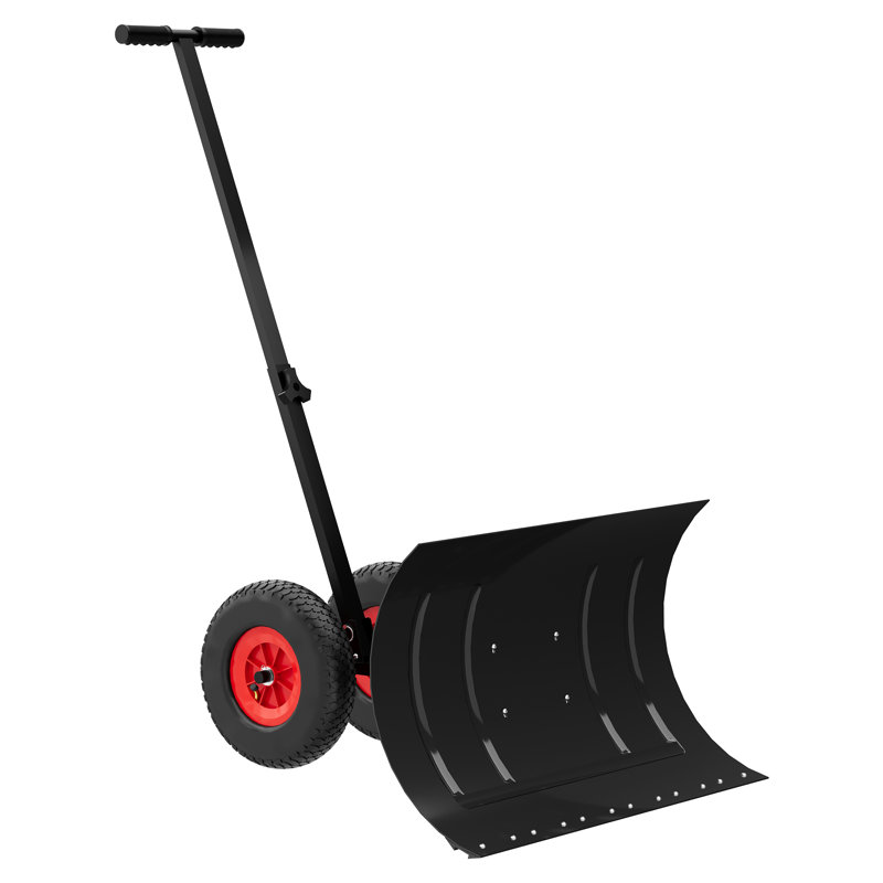 Pelle à neige robuste sur roues avec lame en acier au carbone – Angle et hauteur réglables – Poignée ergonomique pour allées et trottoirs – 74 x 42 cm, moyeu de roue rouge