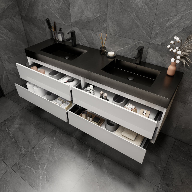 Golitz 71'' Double Bathroom Vanity with Stainless Steel Top, Glossy White