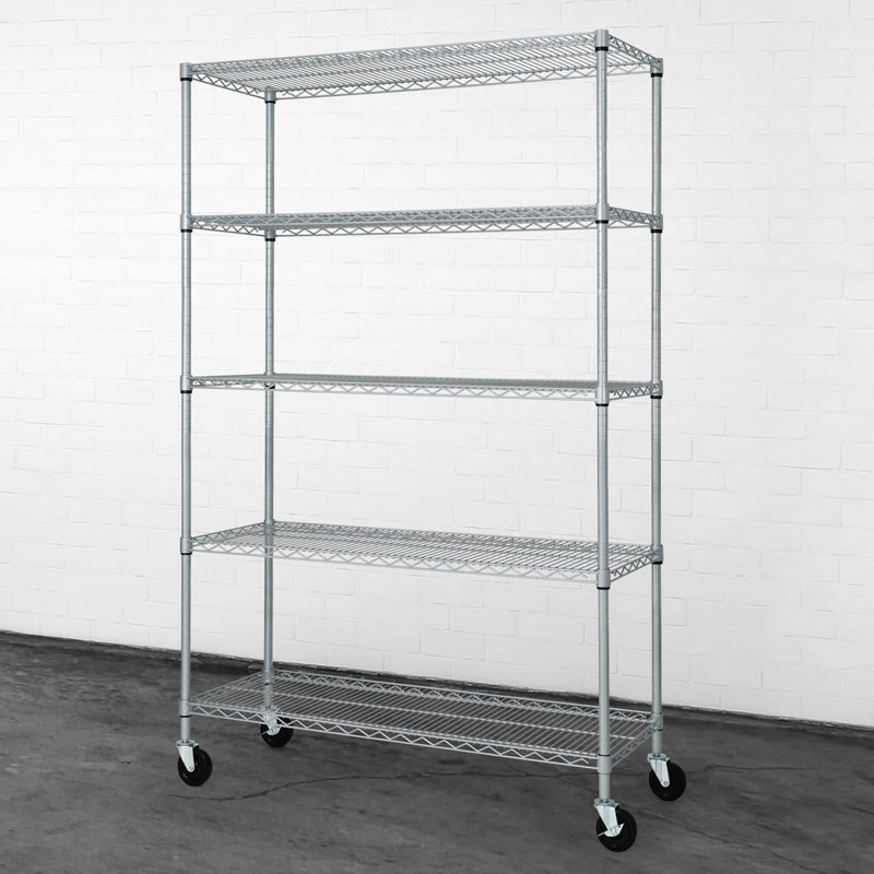 Étagère en métal robuste à 5 niveaux CAPHAUS NSF de qualité commerciale avec roues et pieds de nivellement, 48 x 18 x 76, argent