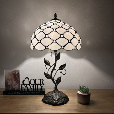 Meryem Tiffany Table Lamp White Stained Glass Crystal Beans Included LED Bulb 22"H*12"W*12''D