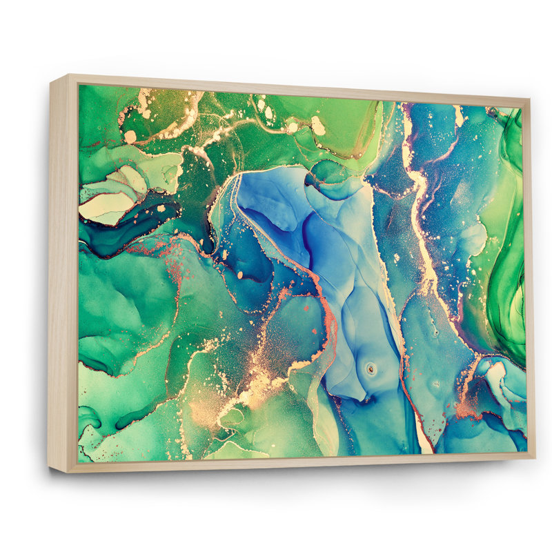 «Blue and Green Abstract Abstract Art II», reproduction sur toile, H 34 po x l 44 po, Cadre flottant en érable