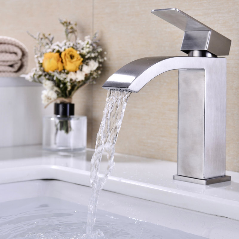 Bathroom Sink Faucet With Waterfall - Style Spout, Single Handle Control, Pop Up Drain Thickened Gasket, Brushed Nickel Finish, Rust Spout And For Overflow Sinks, Simple Installation Kit Provided