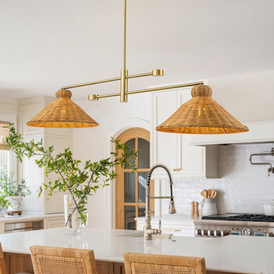 2-Light Linear Pendant With Organic Rattan Shades