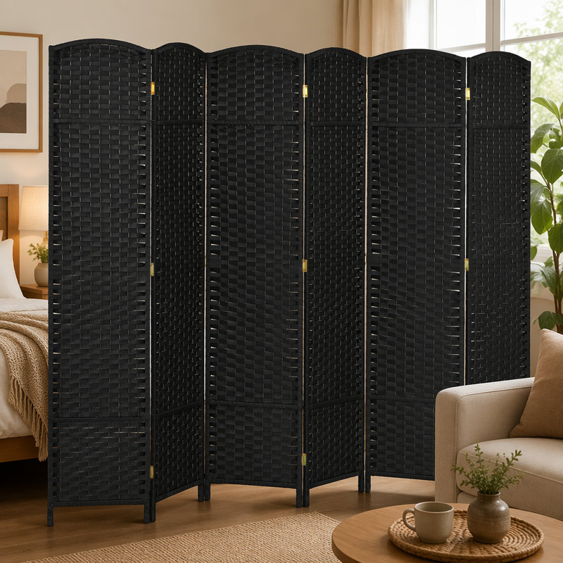 Paravent pliable 6 panneaux, élégant design tissé à la main pour la maison et le bureau, noir