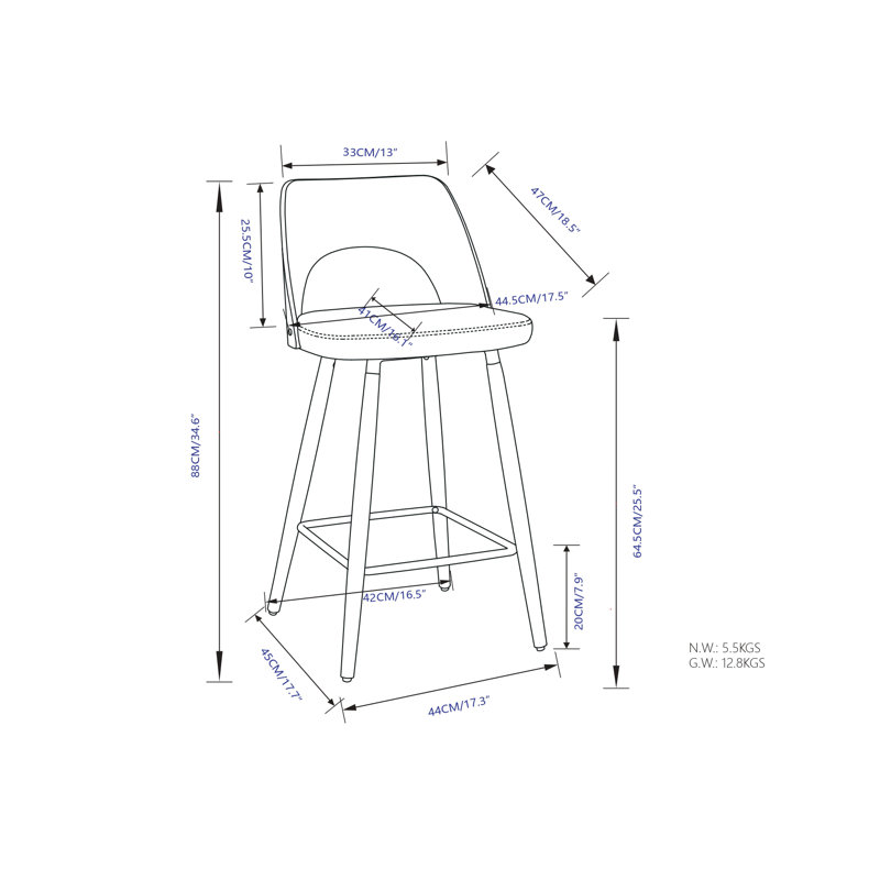 Tabouret de comptoir rembourré en mousse Callie, Gris