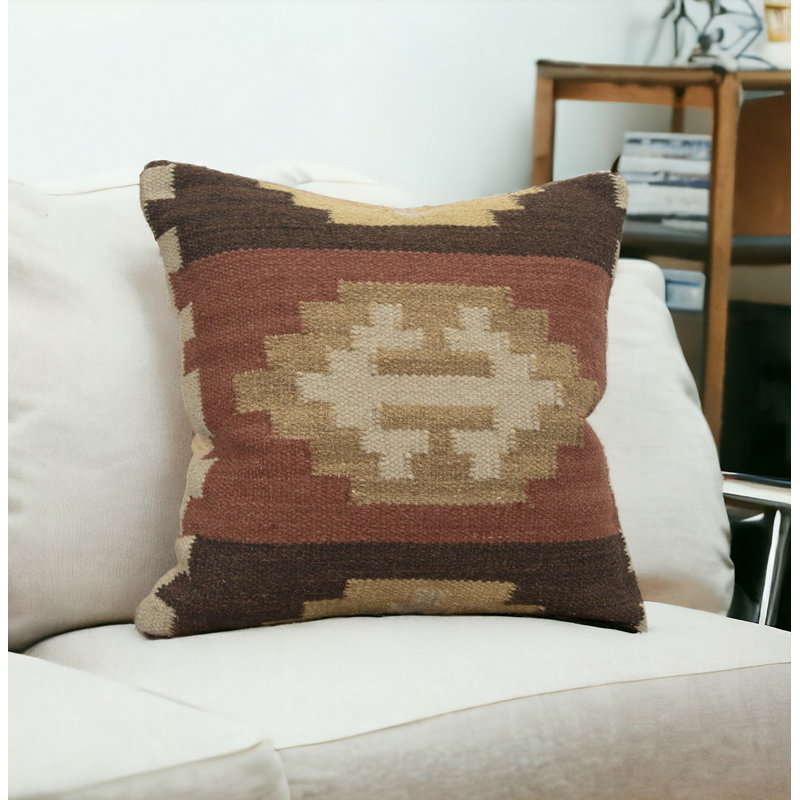 Coussin décoratif 18 po en mélange de laine et jute géométrique brun et beige