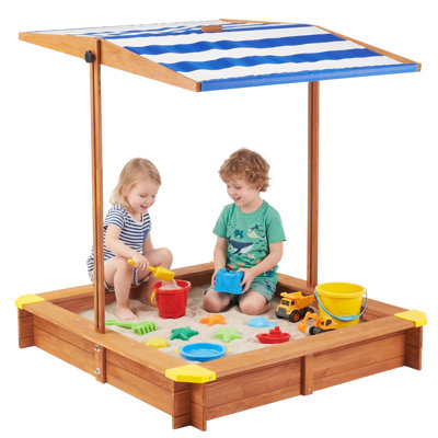 46''x46'' Kids Cedar Wood Sandbox with Adjustable Canopy & Bottom Liner, Wooden Sand Box for Backyard, Patio & Garden