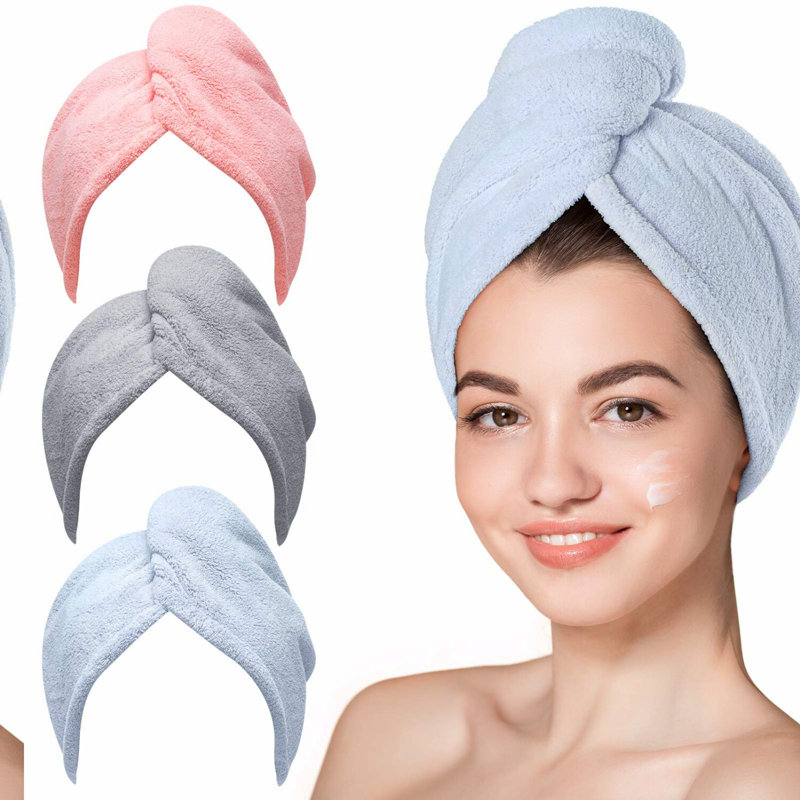 UltraDry Microfiber Hair Turban Set - Anti-Frizz Quick-Dry Towels for Curly Hair (Blue, Grey, Pink)