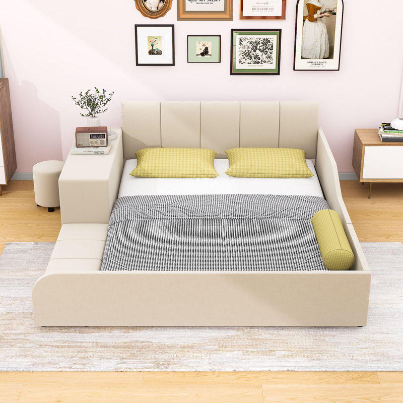 Stelijana Upholstered Grounded Bed with Bedside Desk and Little Round Stool, Queen, Beige