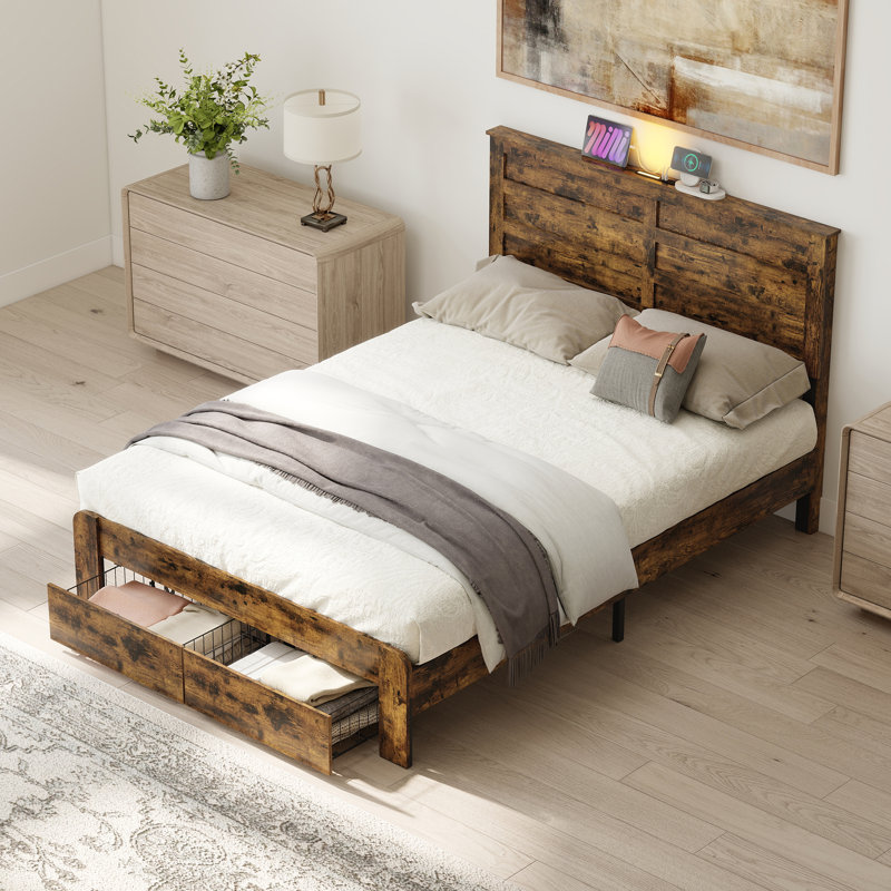Cadre de lit rustique pleine grandeur avec 2 tiroirs de rangement, lit plateforme en bois avec station de recharge et lumière DEL, sommier non requis