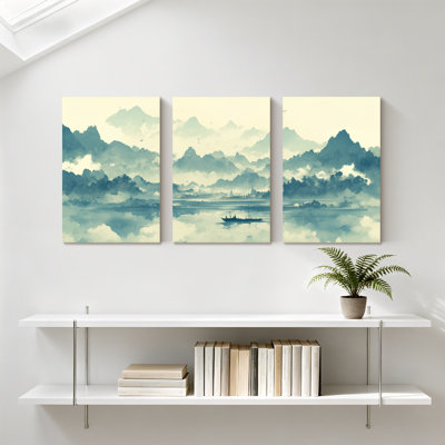 Paysage et nature montagne lac bateau brume nuage ciel eau reflet ensemble de 3 impressions d'art sur toile