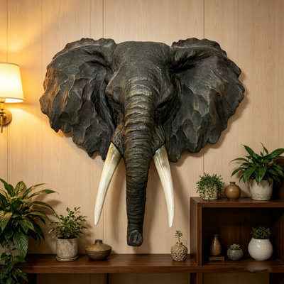 15.75" Realistic Elephant Head Wall Sculpture, Resin African Elephant Bust Wall Decor, Wildlife Animal Statue for Living Room, Bedroom & Office