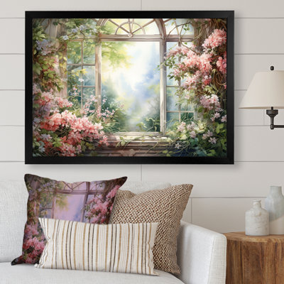 Pink Blossoming country window Gaze  II - Window Framed Canvas Print