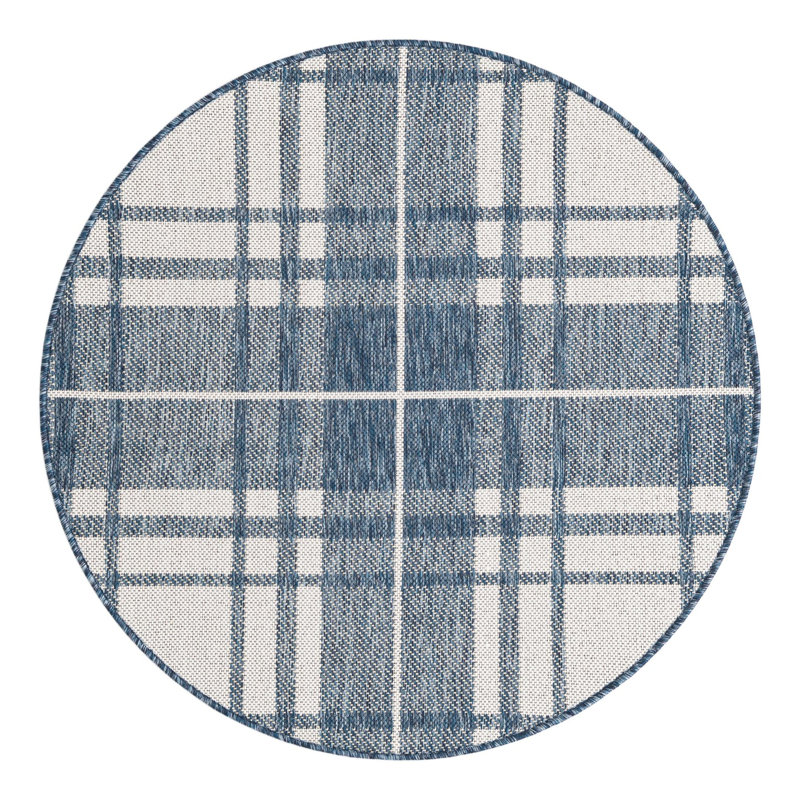 Tapis bleu / blanc en polypropylène tissé à la machine Tereon, Rond 3 pi 3 po