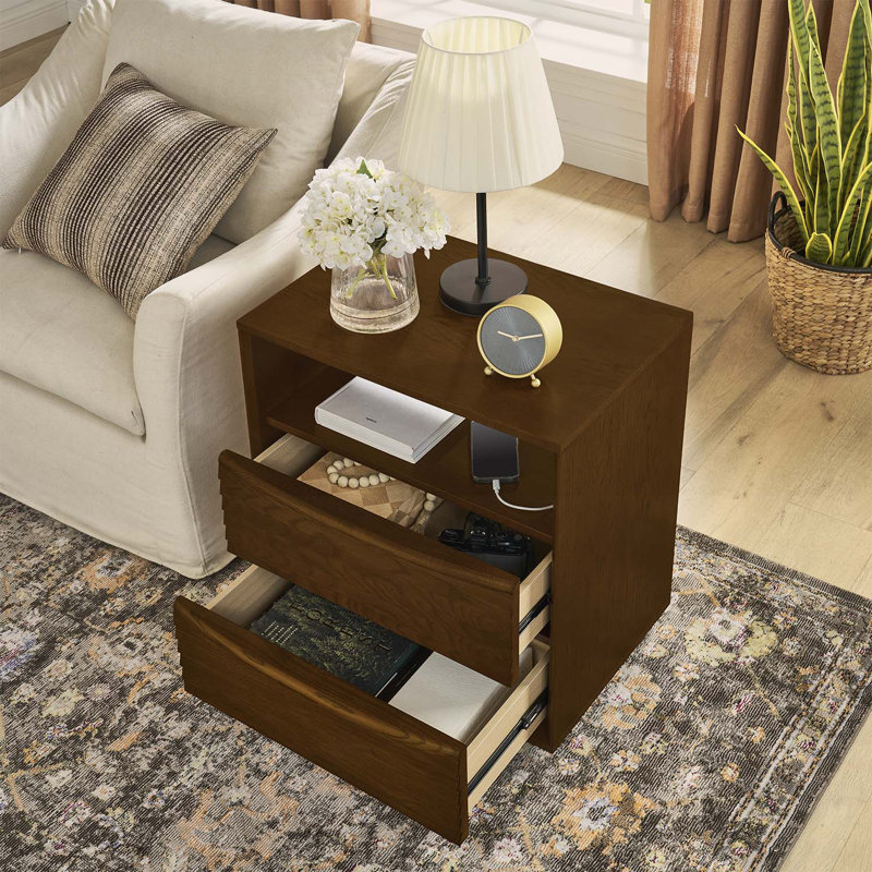 Modern nightstand with charging station,louver design,2 drawers,and open shelf, Noyer brun