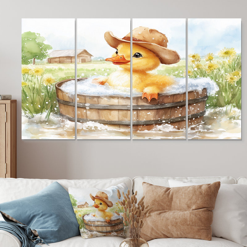 Mignon canard avec un chapeau de cowboy prenant un bain de ferme II - Ensemble de décoration murale de salle de bain