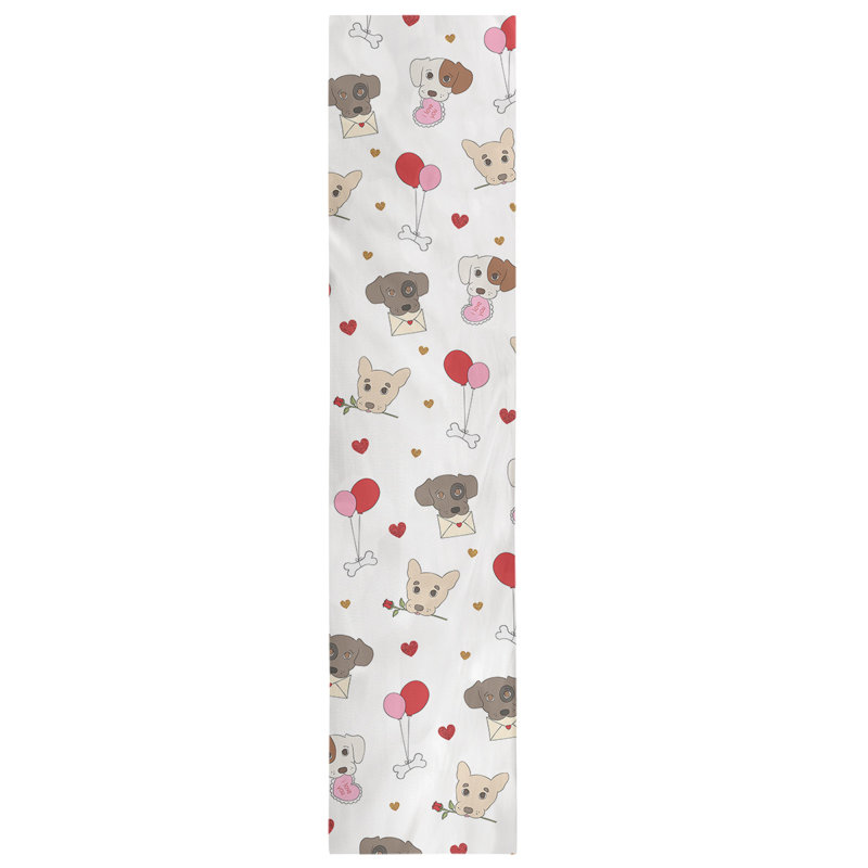 Chemin de table à la fête des chiens saint-valentin hol, L 72 po x l 16 po, Blanc cassé / brun / rouge, Mélange de coton