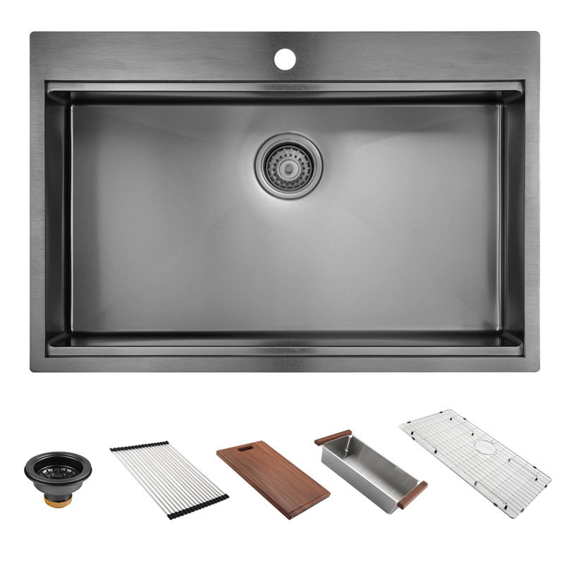 33'' Black Drop-In Single Bowl Workstation 16 Gauge Stainless Steel Topmount Kitchen Sink, Black, 16-Gauge