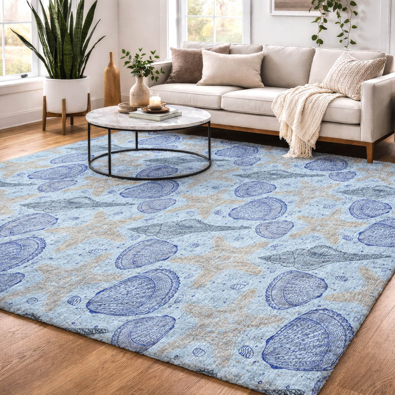 Premium Machine Washable Dream Shag ADS183 Shells Rug, Blue, 8' x 10'
