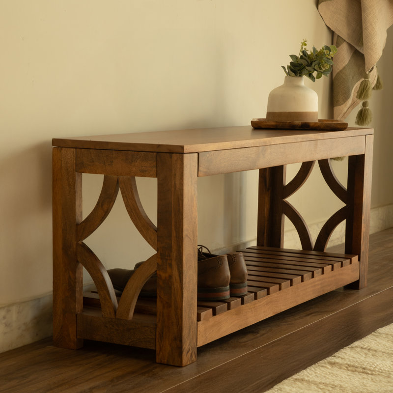 Banc de rangement en bois massif Dezider, Noyer clair