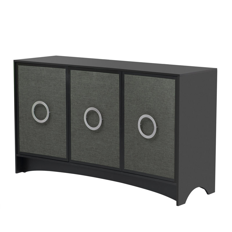 Armoire de rangement courbée avec trois portes et tablettes réglables, idéale pour les couloirs, les entrées, les salons et les bureaux