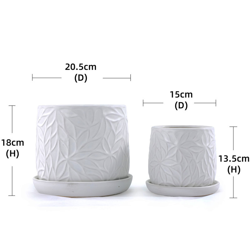 2 Pcs Handmade Ceramic Flower Pots With Saucer, Round Striped Planter Set With Drainage Holes, Garden Plant Pot Flower Vase For House Plants, White