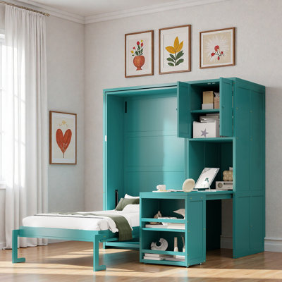 Twin Rotating Wall Murphy Bed with Bookshelf, Top Cabinet, Extendable Desk and Side Storage for Multipurpose Home Use