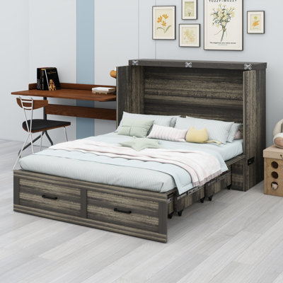 Murphy Bed Cabinet With Charging Station, Multi-Functional Foldable Platform Bed With 1 Large Storage Drawer