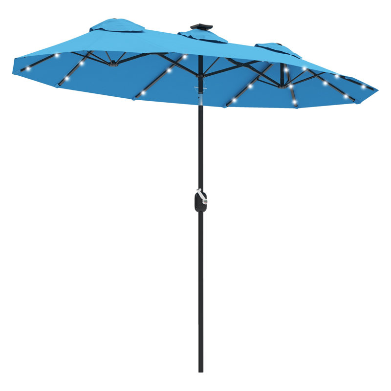 Parasol de marché extérieur à double face de 9,7 pi avec lumières solaires à DEL, mécanisme d'inclinaison et de manivelle, bleu clair Outsunny