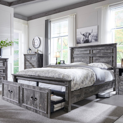 Farmhouse Queen Size Bed Frame with 51" Tall Headboard, Wood Platform Bed Frame with 20" Tall Roman Column Decoration Footboard & 2 Large Storage Drawers, No Box Spring Needed