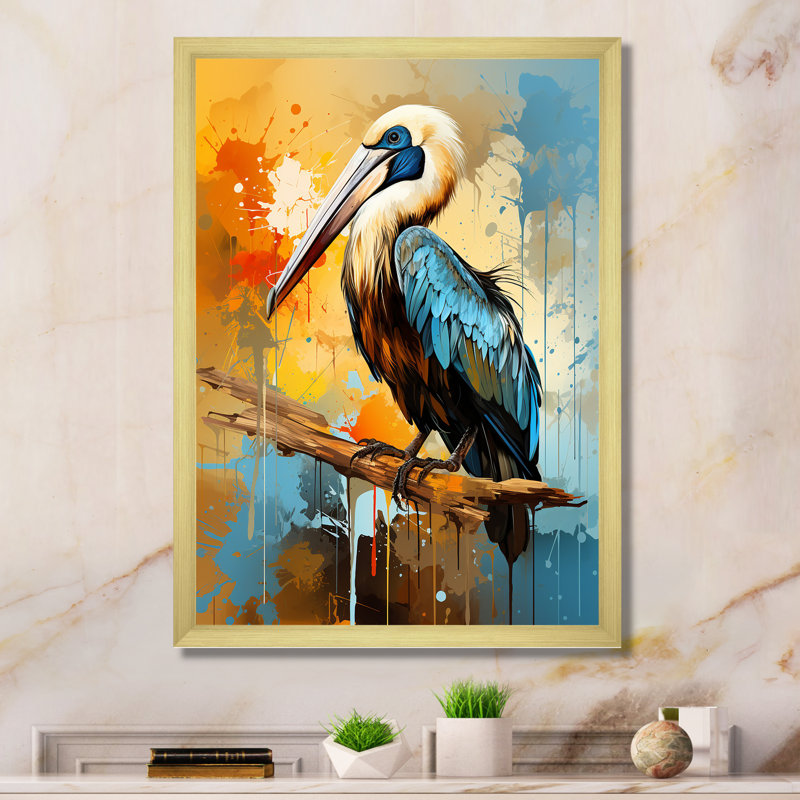 Élégance de pélican à plumes - art mural pélican, Cadre doré simple, H 44 po x l 34 po x P 1,5 po
