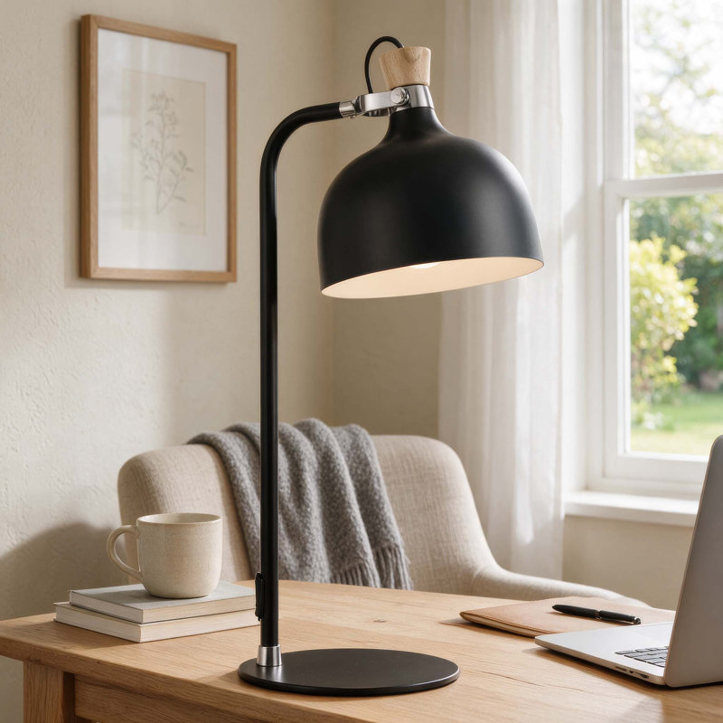 Lampe de table de lecture et de travail 11,5 po noir et bois avec abat-jour en dôme réglable en acier