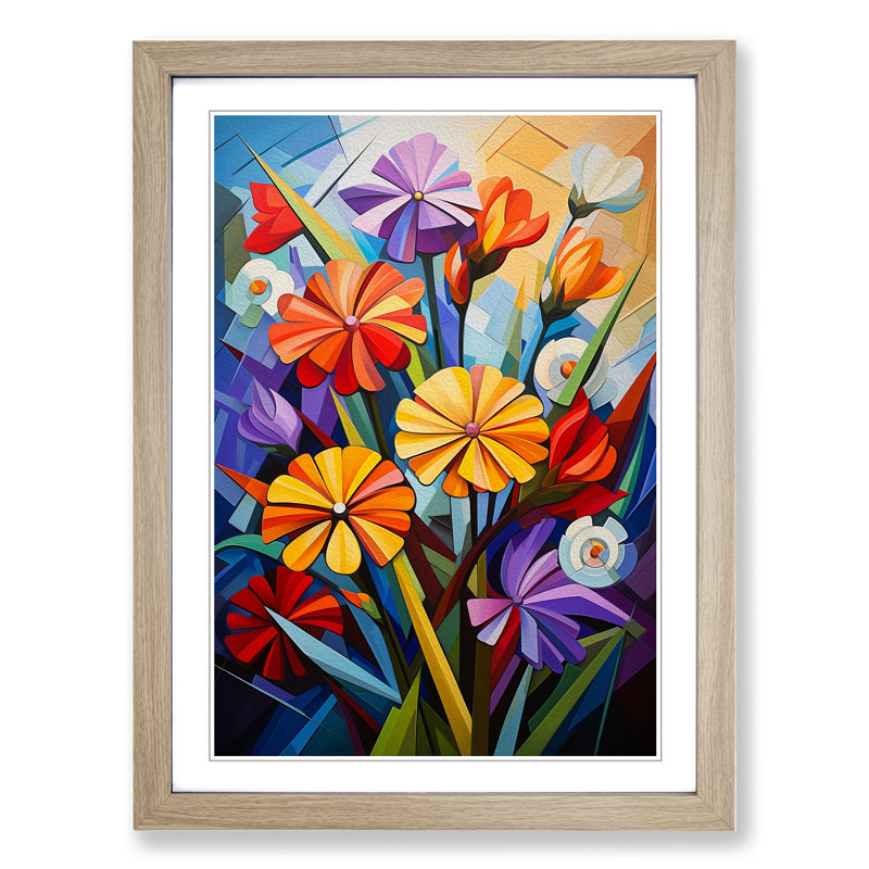 Wildflowers Cubism - Framed Print, 64cm H x 46cm W x 2cm D, Oak