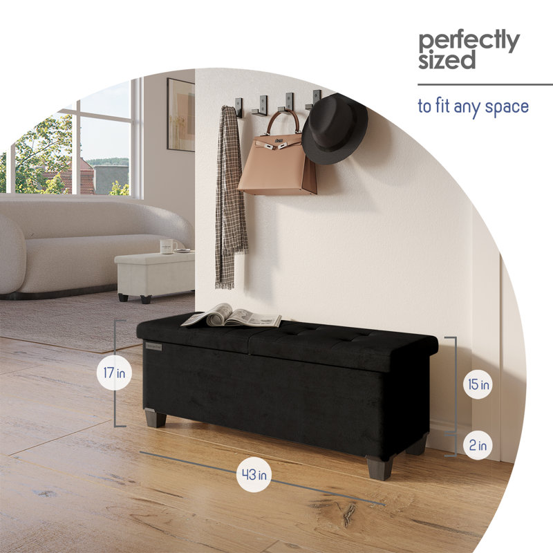 Banc repose-pieds en velours avec rangement amovible Nestl, H 15 po x l 43 po x P 15 po, Noir