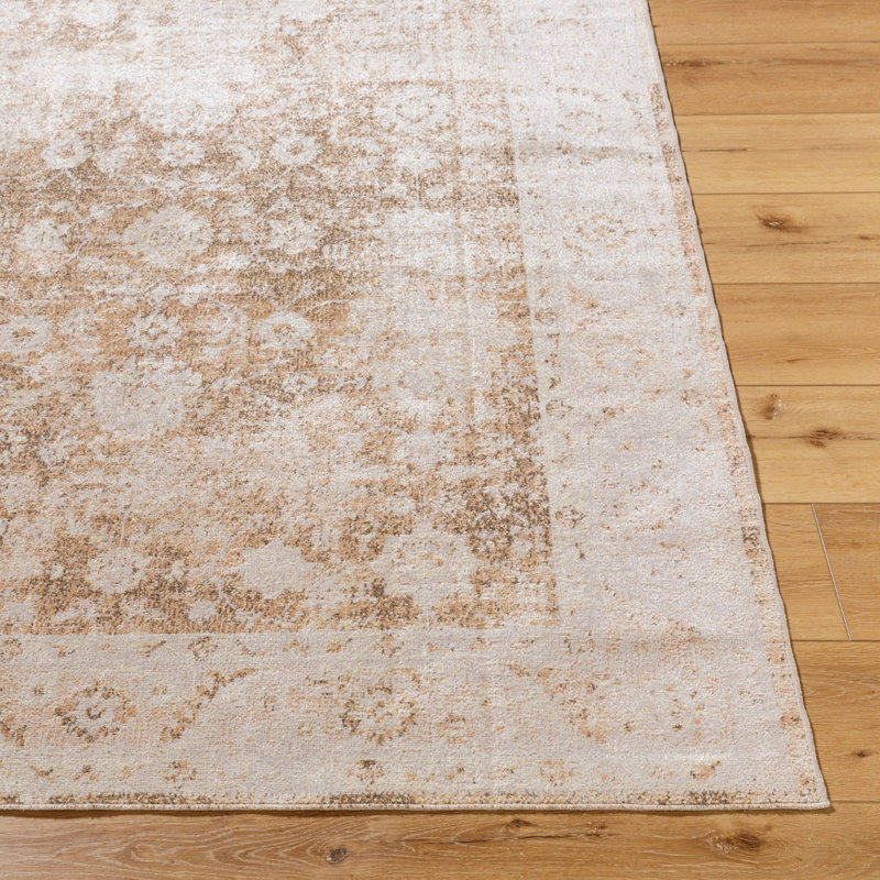 Brown Traditional Washable Rug, Bordered Floral Anti-Slip Rug For Living Room, Dining Room, Bedroom, Kitchen