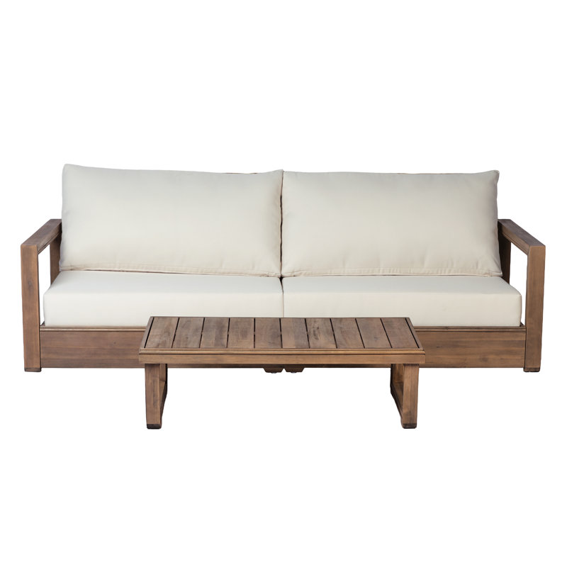 Akono Outdoor 3-Seater Acacia Wood Conversation Set With Water-Repellent Cushions & Slatted Tabletop