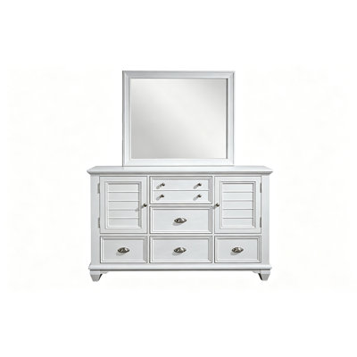 Commode contemporaine en bois blanc avec miroir, 6 tiroirs et portes à panneaux décoratifs, tiroir supérieur doublé de feutre, pieds fuselés, ensemble de rangement pour chambre à coucher en bois massif d'acacia