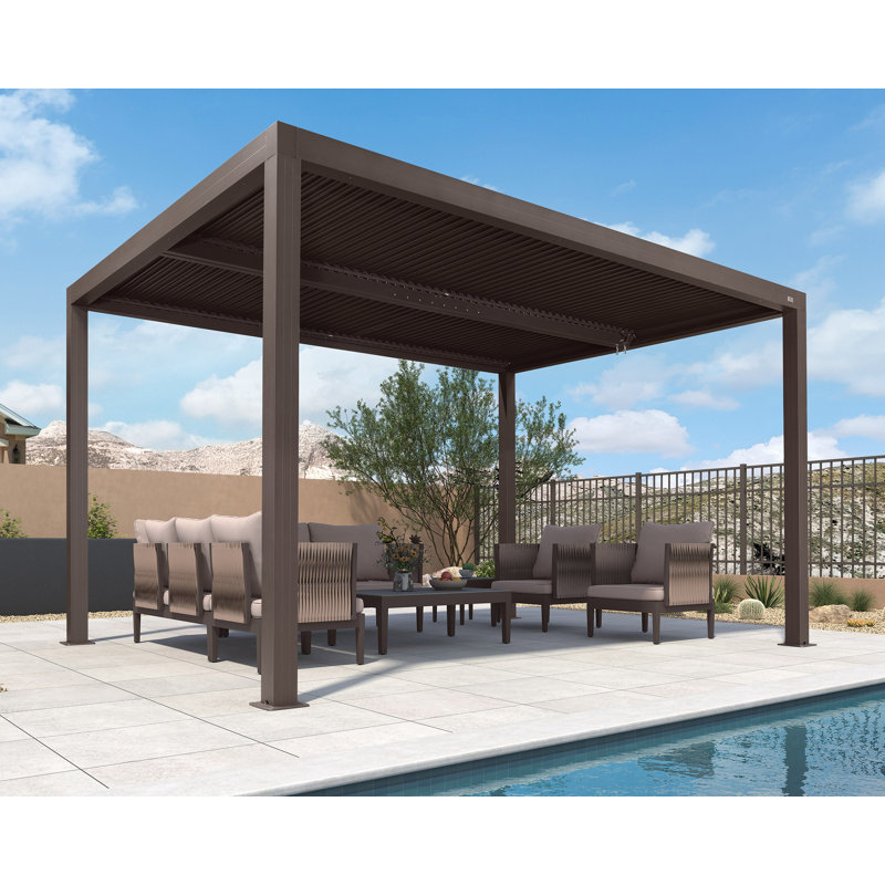 Pergola à persiennes 13 pi L 10 pi. D Pergola d'extérieur en aluminium avec toit réglable, Brun