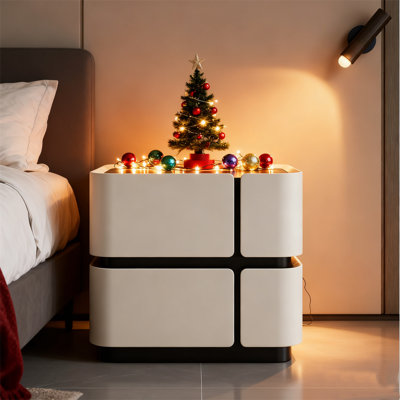 Off-white Cross-design Nightstand, Double Drawer Bedside Table With Tempered Glass Top & Microfiber Leather by Ivy Bronx